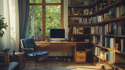 Poster - A stylish home office with a wooden desk, comfortable chair, and shelves filled with books and personal items