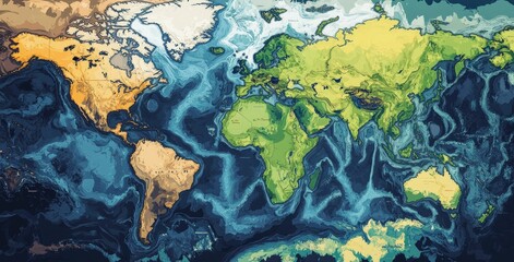 Poster - a stylized world map with gradients of bright colors representing different climates, from icy blues