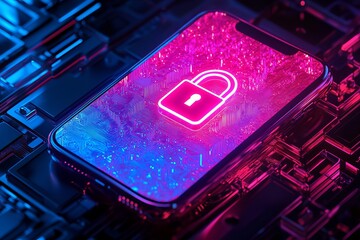 Poster - Cybersecurity Mobile Phone Neon Pink Lock Screen Digital Data Protection Technology Abstract Background Futuristic Secure Smartphone Modern Circuit   