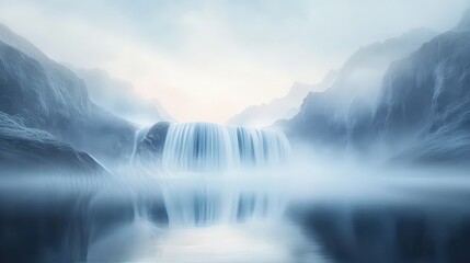 Poster - A surreal scene of a sky waterfall at dawn, with the first light of the day illuminating the cascading water