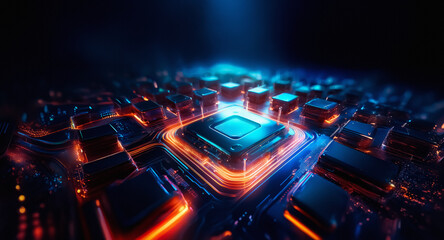Poster - Futuristic glowing circuit board with vibrant blue and orange lights.  A high-tech abstract design showcasing electronic components and intricate pathways. Modern technology concept.