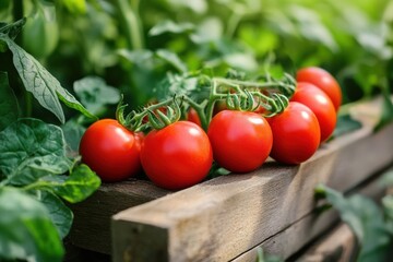 Poster - Ripe red tomatoes growing in a lush garden setting during daytime in summer. Generative AI