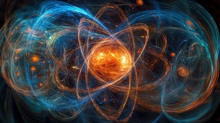 Poster - bright particles orbiting around a central sphere, creating the impression of an atom or celestial body.