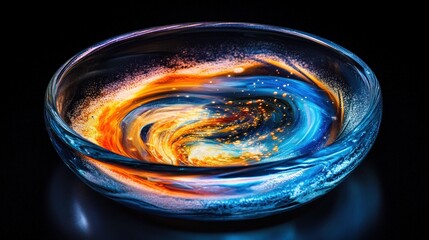 Poster - A swirling reaction of two liquids combining in a petri dish, creating intricate and colorful patterns.