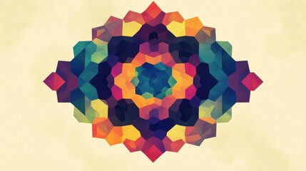 Poster - A symmetrical pattern created from hexagons, each with a different color, blending together to form an intricate mandala-like design that is both simple and complex