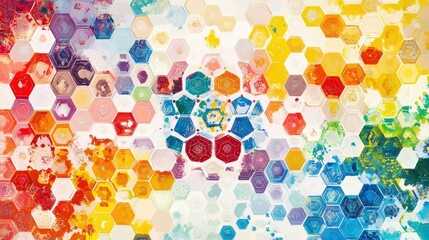 Poster - A symmetrical pattern created from hexagons, each with a different color, blending together to form an intricate mandala-like design that is both simple and complex