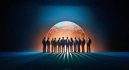Poster - A group of silhouetted people stand facing a glowing globe, brightly lit in a dark setting.  They appear united, perhaps in a business or global context.