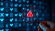 © Amith - System engineer identifying problem in computer network system. Red triangle with exclamation mark and many other checkmark icons. Hand holding magnifying glass.