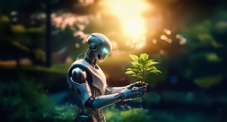 Aufkleber - A futuristic robot gently holds a small green plant in its hands, bathed in warm sunlight, amidst a lush natural environment.
