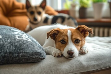 Aufkleber - Two playful dogs relaxing on a cozy sofa in a warm, sunlit living room. Generative AI
