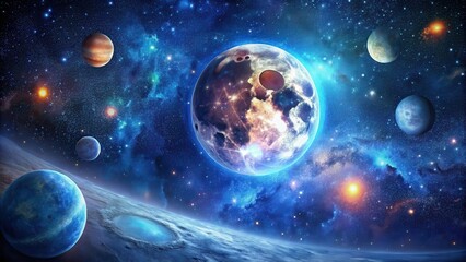 Wall Mural - a large dark blue galaxy with vibrant stars and a bright full moon in the sky, space scene