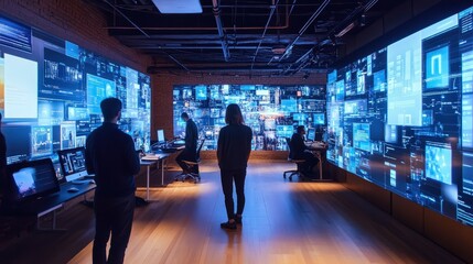 Poster - A tech startup's open office, where employees collaborate in a digital-first workspace with flexible workstations and high-tech equipment.