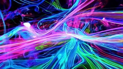 Fototapete - Vibrant multicolored lines swirl and intertwine against a dark background, creating an energetic and captivating visual experience that entices the viewer.