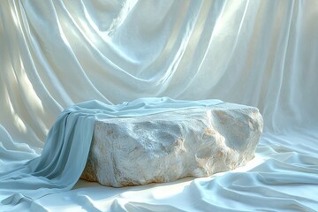 Poster - Natural stone podium surrounded by soft draped fabric in pastel tones