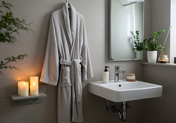 Soft, plush bathrobe hanging near a clean bathroom sink with candles and plants