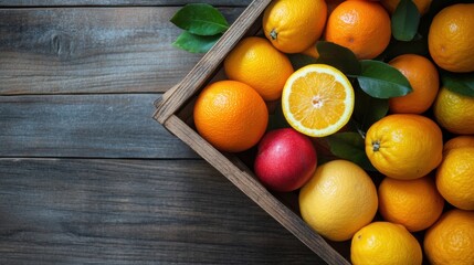 Wall Mural - Fresh fruits in a wooden basket with oranges, lemon, and apples arranged on a rustic wooden table. Generative AI