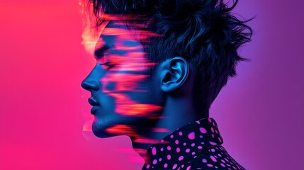 Poster - Man's face is blurred and distorted, with a pink background. The image is abstract and surreal, with a sense of movement and energy. The man's face is the main focus