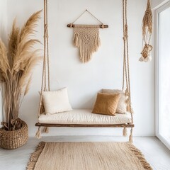 Canvas Print - Bohemian Indoor Setup with Wooden Swing Beige Cushions Macrame Wall Decor and Pampas Grass