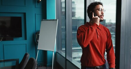 Aufkleber - Businessman, discussion and window with phone call for proposal, conversation or negotiation in boardroom. Happy man, financial advisor or salesperson talking with mobile smartphone for chat or deal