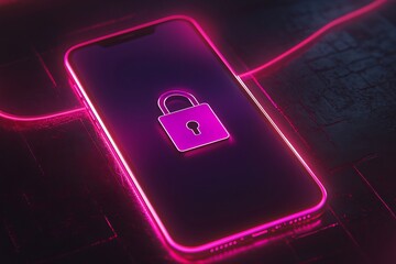 Poster - Cybersecurity Smartphone Neon Lock Screen Digital Privacy Protection Secure Mobile App Interface Technology Background Pink Purple Glow Futuristic    