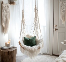 Canvas Print - Cozy Bohemian Bedroom with Macrame Hanging Chair and Green Cushion