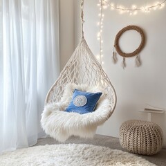 Canvas Print - Cozy Interior with Hanging Woven Chair White Throw Blue Pillow and String Lights Decoration