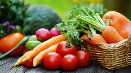 Aufkleber - Freshly harvested vegetables displayed on a wooden table in a vibrant outdoor garden setting during daytime. Generative AI