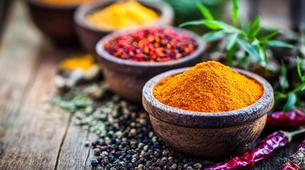 Aufkleber - Explore vibrant spices displayed in bowls on a wooden surface with herbs and dried chilies nearby. Generative AI