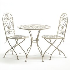 Canvas Print - Detailed Metal Table with Two Chairs on White Background for Garden Patio Seating