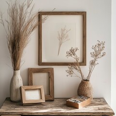 Canvas Print - Dried Flower Arrangement in Wooden Frames and Vases on Wooden Surface