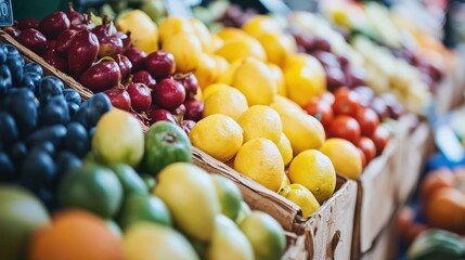 Aufkleber - Fresh fruits arranged on display at an outdoor market in sunny weather showcasing vibrant colors and variety. Generative AI