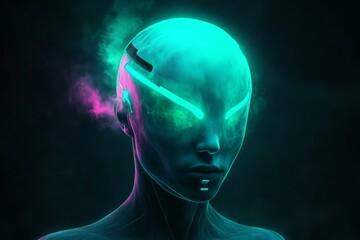 Poster - woman's face is shown in a neon green color. the image has a futuristic and sci-fi vibe to it
