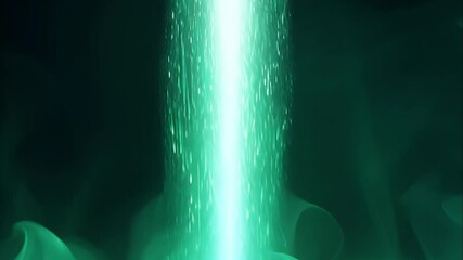 Wall Mural - abstract vertical stream of light flowing downward in green and cyan, surrounded by faint glowing mist