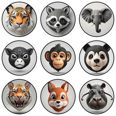 Aufkleber - Nine cartoon animal faces are displayed in circular frames against a white background, featuring diverse mammals.