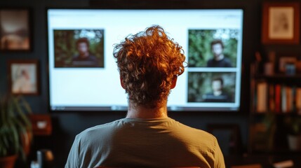 Poster - Man is sitting in front of a television with a picture of a man on the screen. The man has curly hair and is wearing a gray shirt. The television is displaying two pictures of men