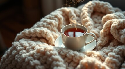 Steaming tea cup on a cozy, textured blanket. Perfect for relaxation on a chilly day, a moment of comfort.