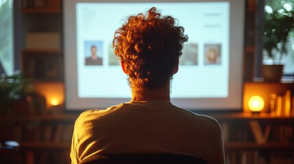 Poster - Man is sitting in front of a computer monitor with a picture of a man on it. The man is wearing a white shirt and has a beard. The image has a casual and relaxed vibe