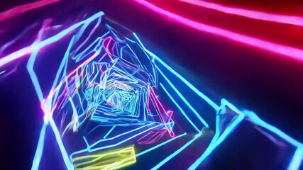 Fototapete - An exploration of a captivating light tunnel featuring bright neon colors and dynamic geometric shapes that create a mesmerizing visual journey in a digital environment.