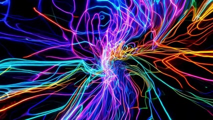 Poster - Colorful light trails intertwine to form a captivating pattern, showcasing vibrant neon hues against a dark background. This display creates a sense of energy and movement.