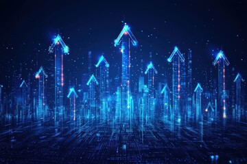 Poster - Glowing arrows rising in futuristic digital background with vibrant colors