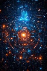 Fototapete - Futuristic glowing circuit board illuminated with vibrant blue and orange lights