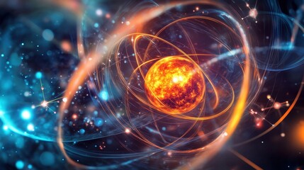 Poster - proton surrounded by swirling energy and subatomic particles in a quantum field.
