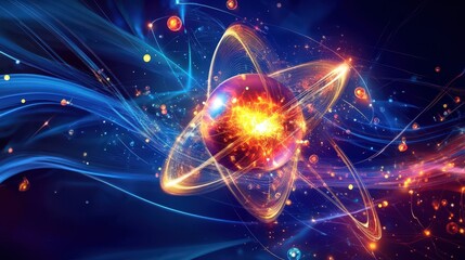 Poster - proton surrounded by swirling energy and subatomic particles in a quantum field.