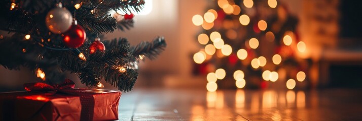 Aufkleber - Festive decorations and gifts under a Christmas tree in a cozy living room during the holiday season. Generative AI