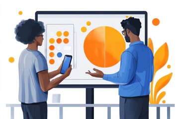 Poster - Two professionals collaborating on data and charts using a digital display