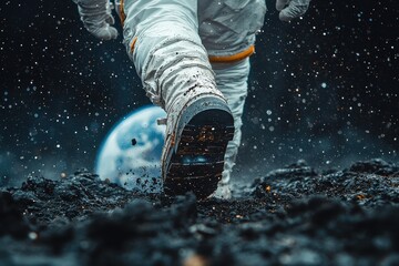 Wall Mural - astronaut walking on extraterrestrial surface with earth in the background
