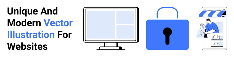 Desktop monitor, padlock, and online shopping app showcasing themes of cybersecurity, e-commerce, and technology. Ideal for web development, IT services, user interface design, modern retail