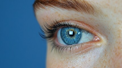 Poster - A young caucasian female gazes intensely, showcasing her mesmerizing blue eye. The vibrant colors create a stunning contrast, highlighting her natural beauty and delicate features