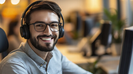 Poster - smiling man with headphones working in office setting