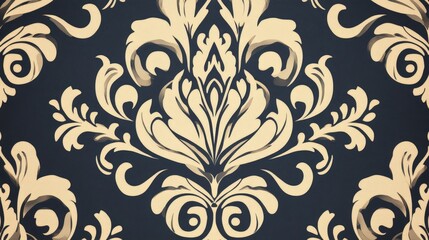 Poster - A vintage-inspired damask pattern with ornate detailing in gold and navy blue, perfect for luxury products or sophisticated, classic design projects.